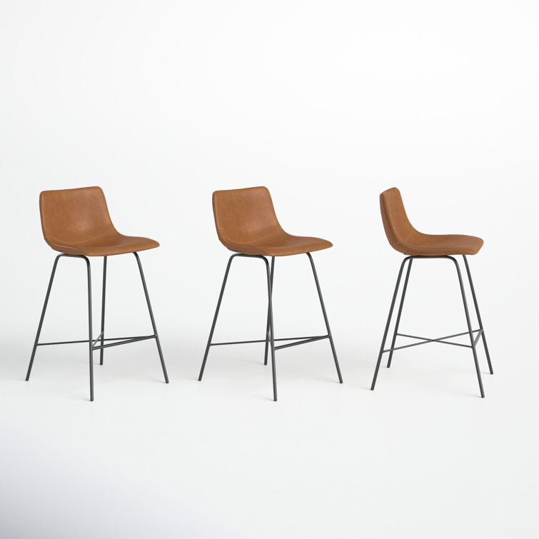 Urban Matte Black 24" Metal and Tan Leather Saddle Counter Stool, Set of 3