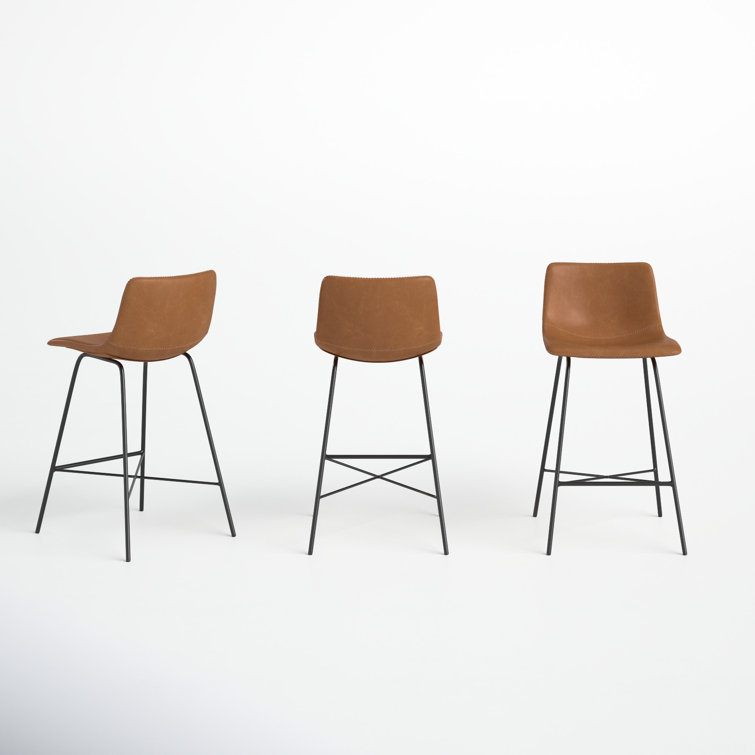 Urban Matte Black 24" Metal and Tan Leather Saddle Counter Stool, Set of 3
