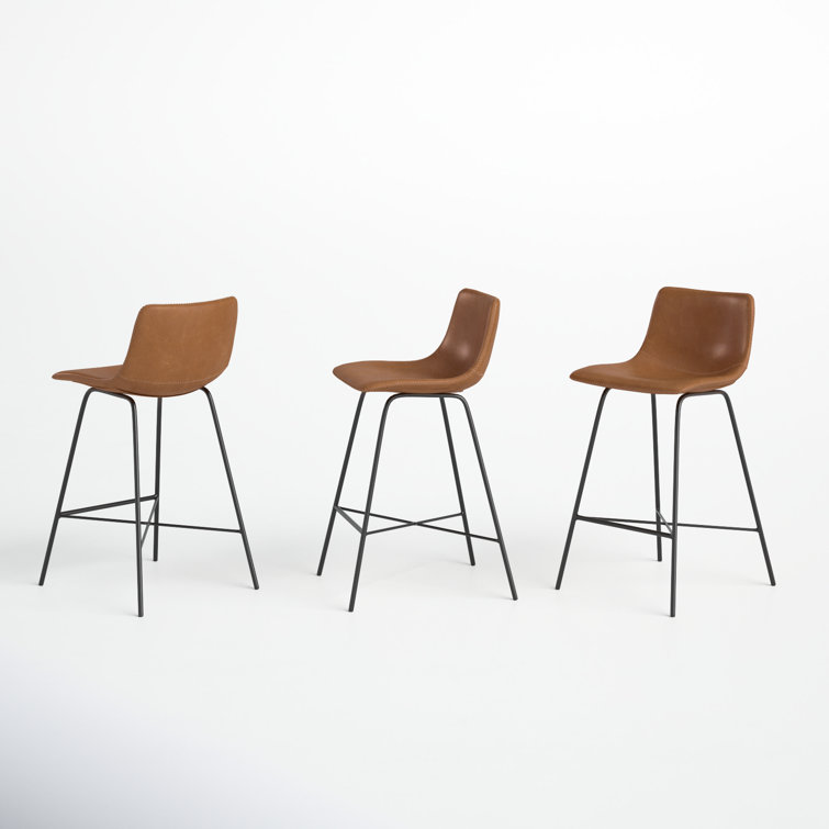 Urban Matte Black 24" Metal and Tan Leather Saddle Counter Stool, Set of 3