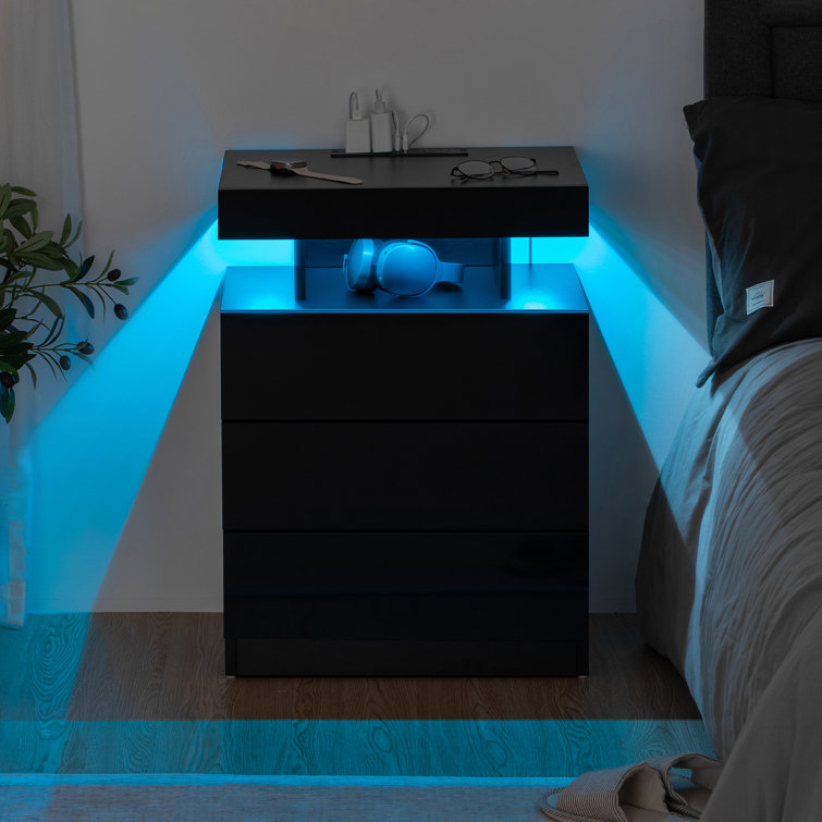 Black High Gloss LED Nightstand with Wireless Charging Station and Drawers