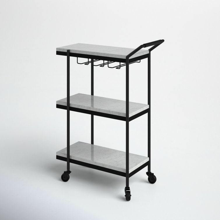 White Marble and Black Iron Bar Cart with Storage