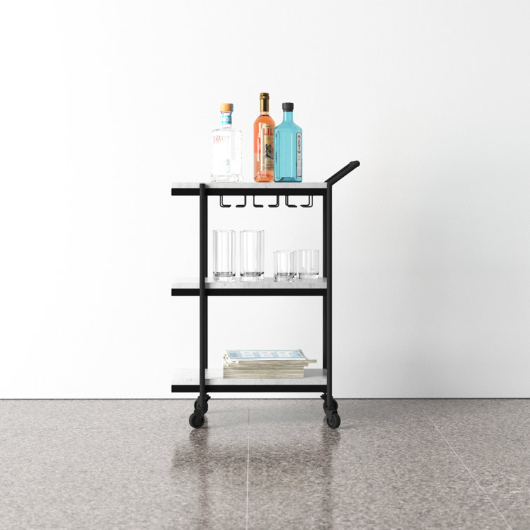 White Marble and Black Iron Bar Cart with Storage