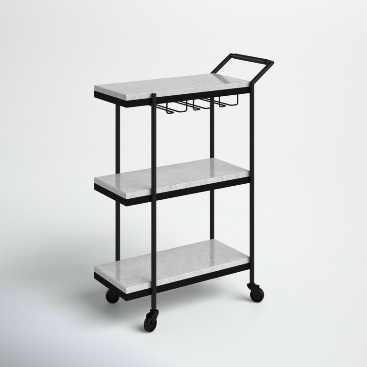 White Marble and Black Iron Bar Cart with Storage