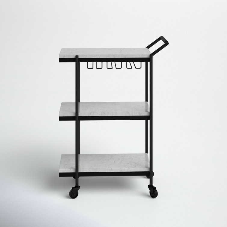 White Marble and Black Iron Bar Cart with Storage