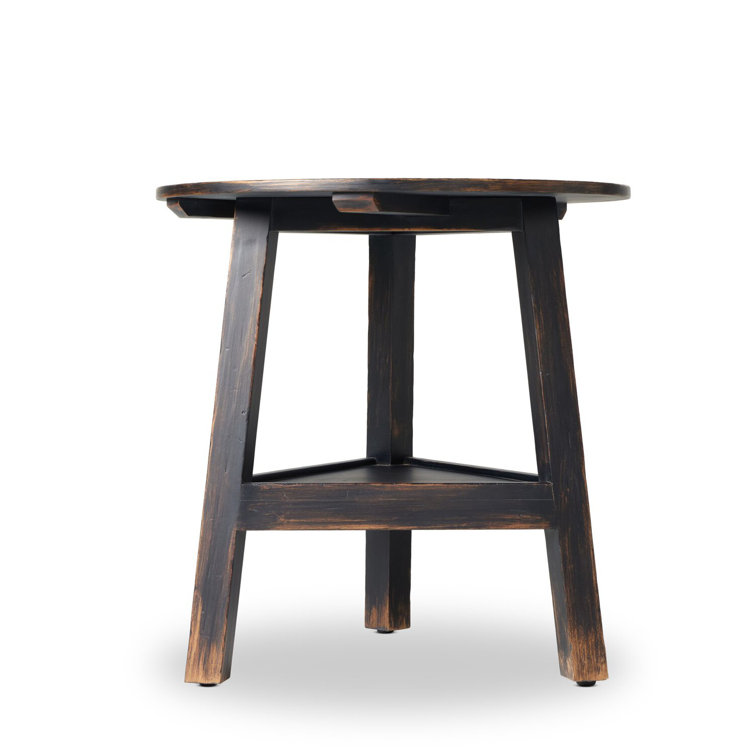 Distressed Black Oak Round Side Table with Shelf