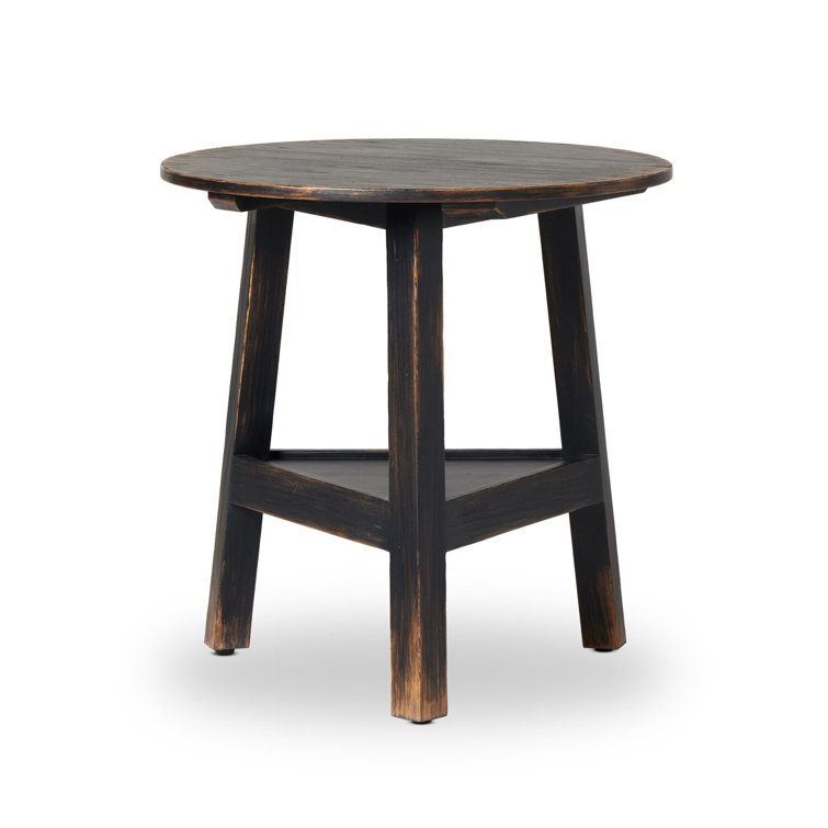 Distressed Black Oak Round Side Table with Shelf