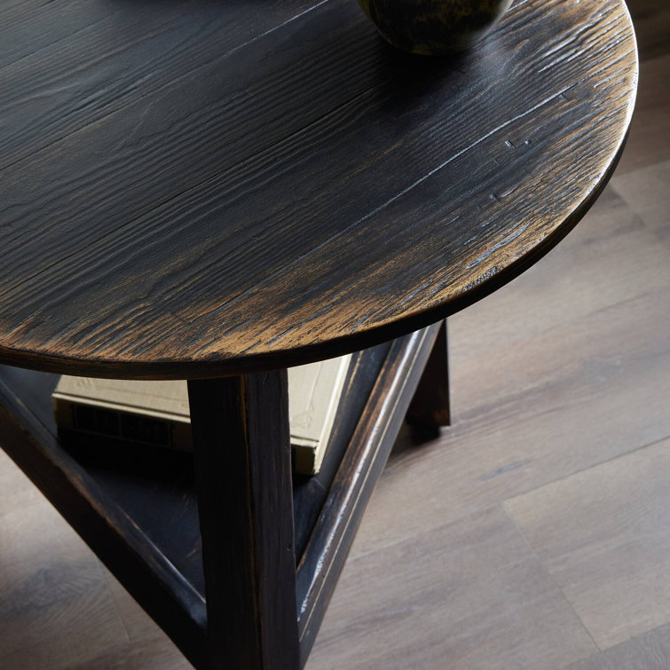Distressed Black Oak Round Side Table with Shelf