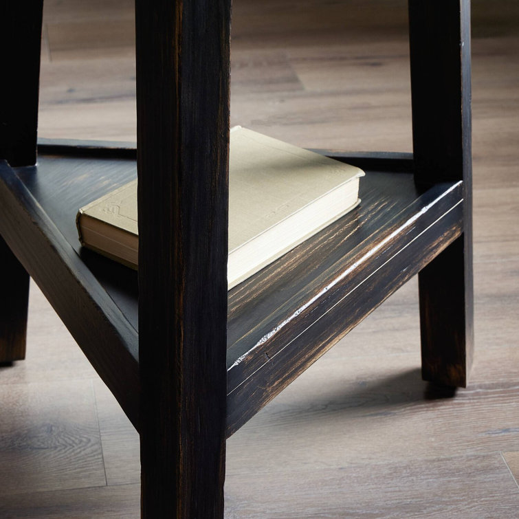 Distressed Black Oak Round Side Table with Shelf