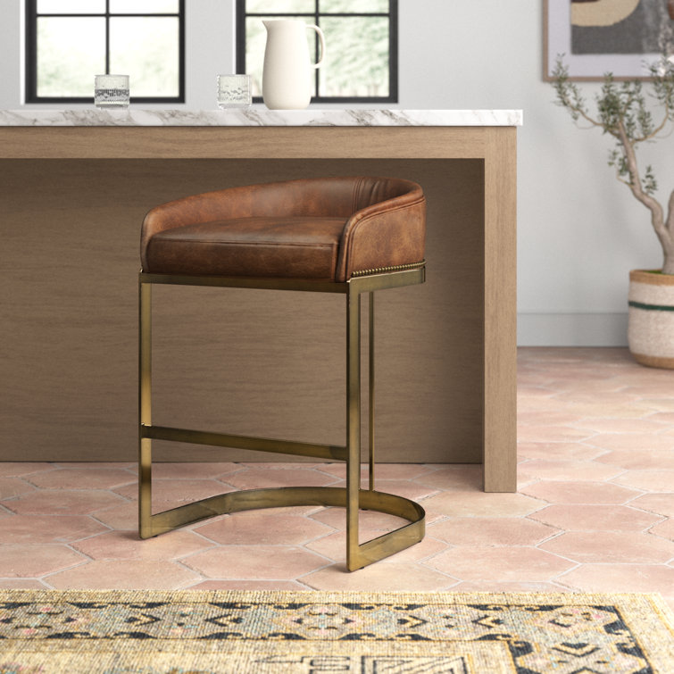Bradley Brown Leather and Gold Metal Counter Stool