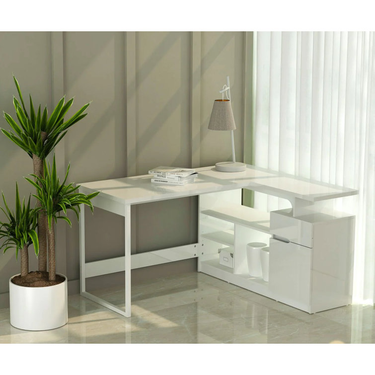 Glossy White L-Shaped Corner Computer Desk with Drawer
