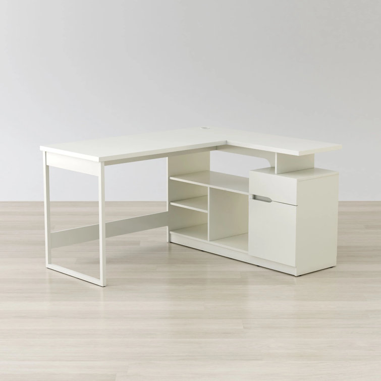 Glossy White L-Shaped Corner Computer Desk with Drawer