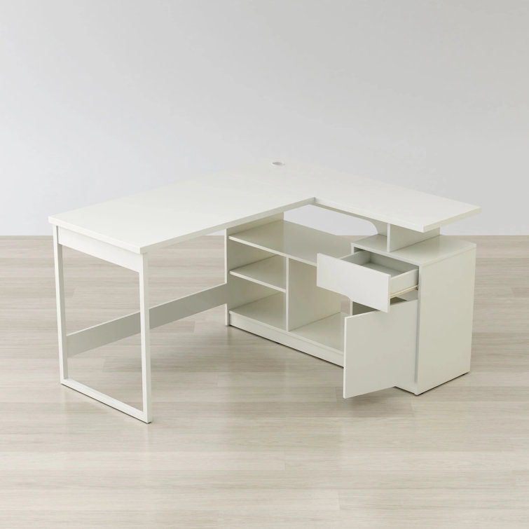 Glossy White L-Shaped Corner Computer Desk with Drawer