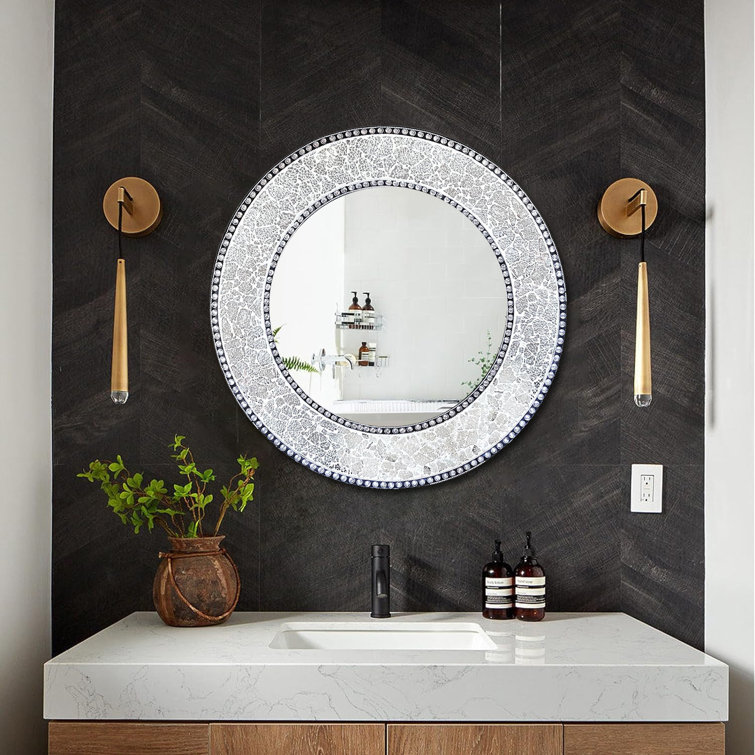 Artisan Silver Mosaic 24'' Round Wood & Glass Wall Mirror