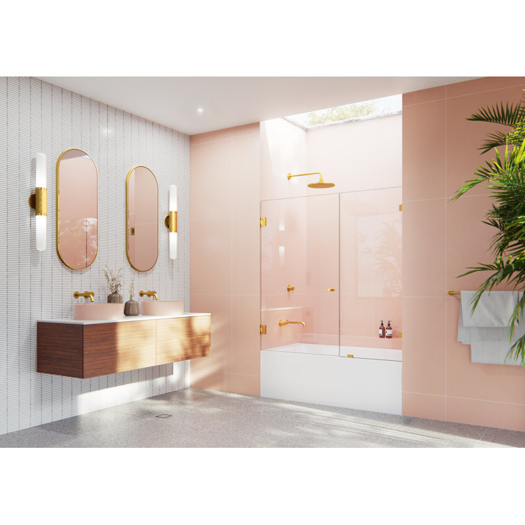 Satin Brass Frameless Glass Bathtub Shower Door 58.25" x 54"