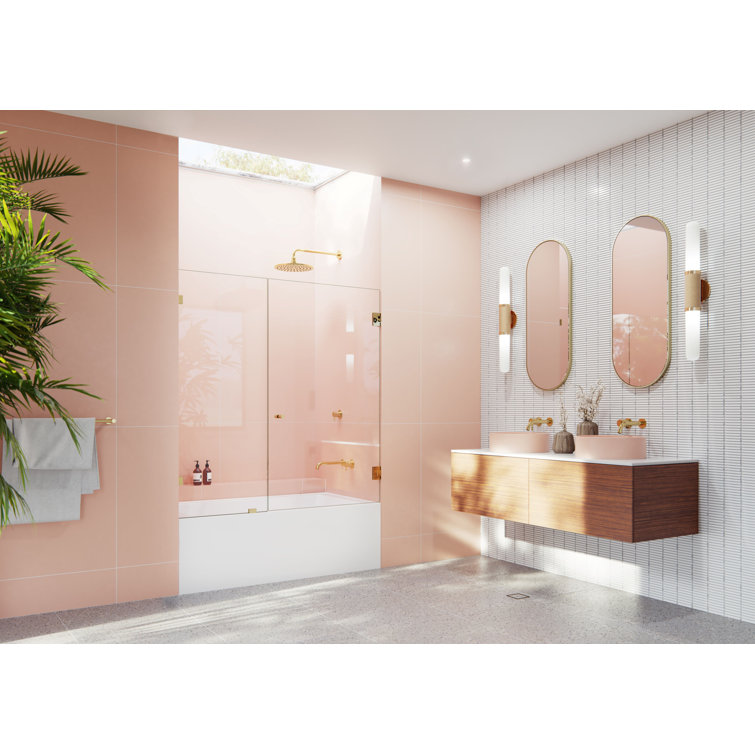 Illume 52 in. Frameless Clear Glass Bathtub Door with Polished Brass Hardware