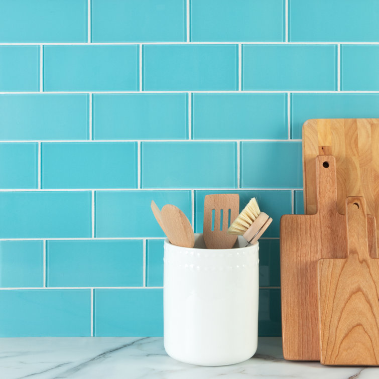 Aqua Blue 3'' x 6'' Glass Peel and Stick Subway Tile
