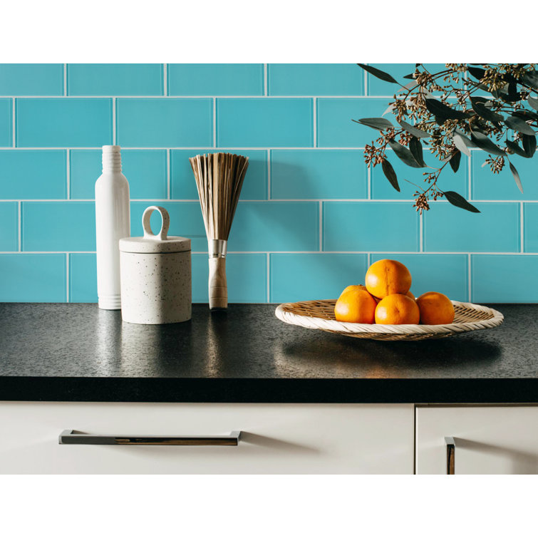 Aqua Blue 3'' x 6'' Glass Peel and Stick Subway Tile