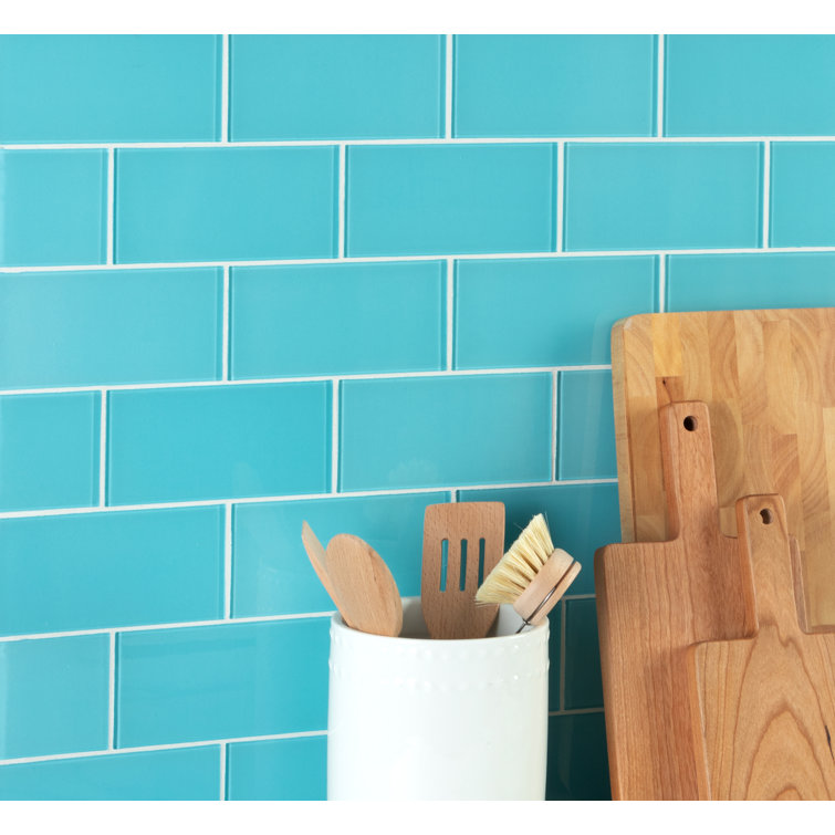 Aqua Blue 3'' x 6'' Glass Peel and Stick Subway Tile