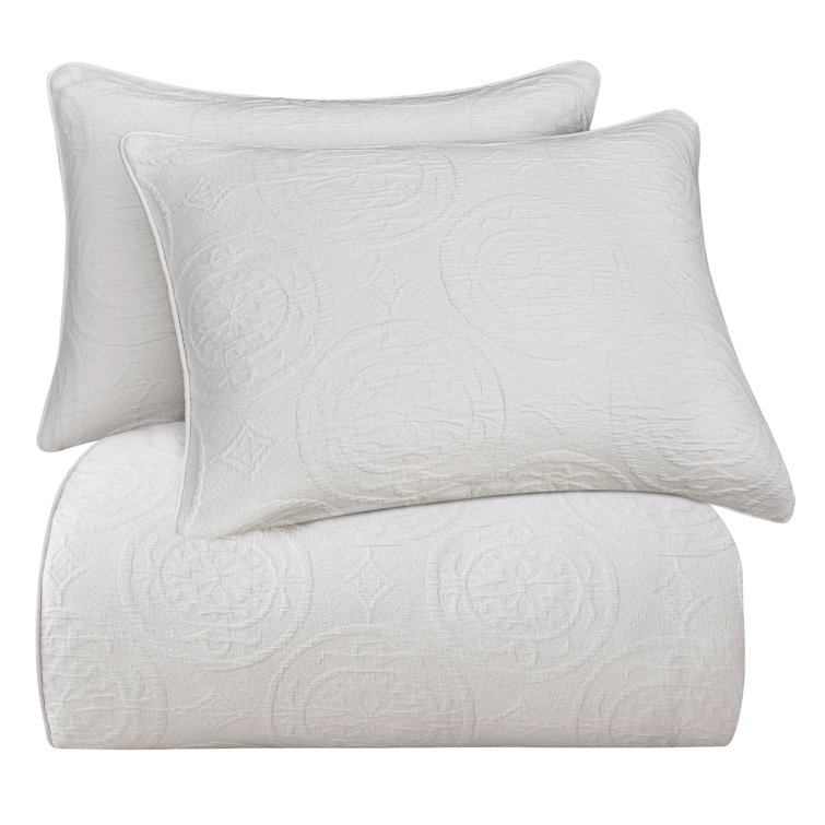 Vintage White Cotton Queen Duvet Cover Set with Medallion Pattern