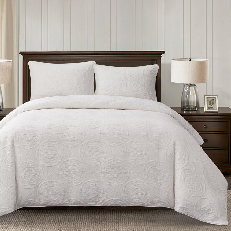 Vintage White Cotton Queen Duvet Cover Set with Medallion Pattern