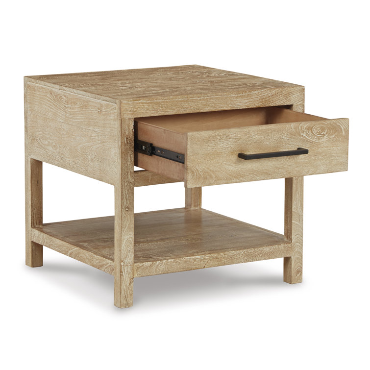 Transitional Belenburg Square Wood End Table with Drawer, Brown