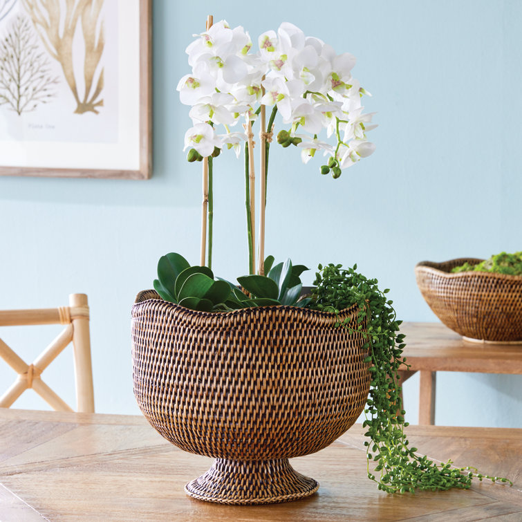 White Scalloped Handmade Rattan Footed Planter