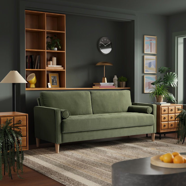 Garren 75.6'' Green Polyester Tufted Sofa with Espresso Wood Legs