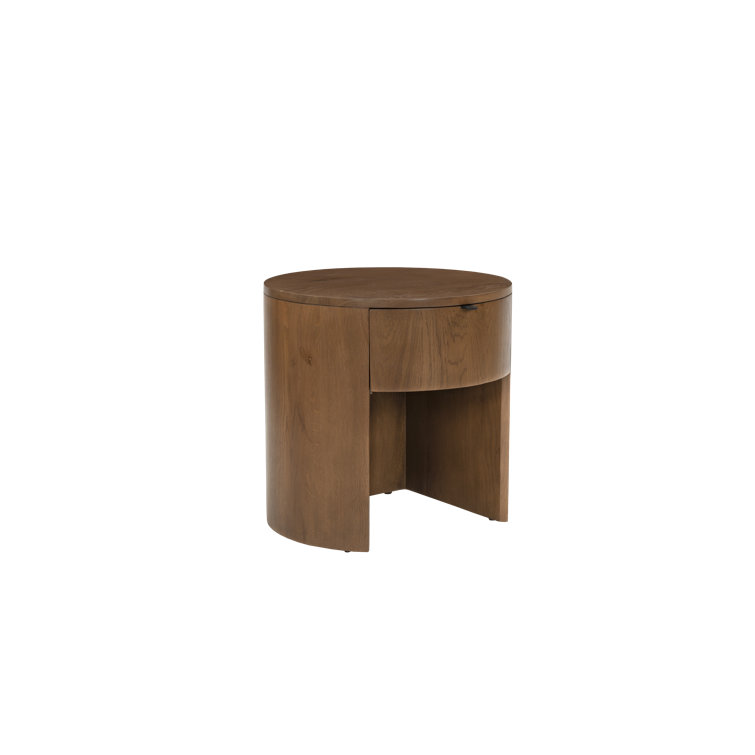 Scandinavian Solid Oak 1-Drawer Round Nightstand with Open Shelf
