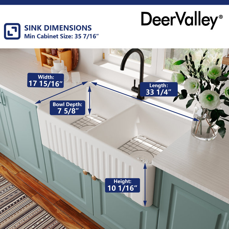 Eclipse 33" White Ceramic Double Basin Farmhouse Sink