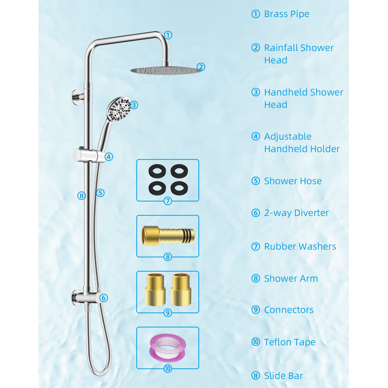 Chrome Adjustable Height Rainfall Shower System with Handheld