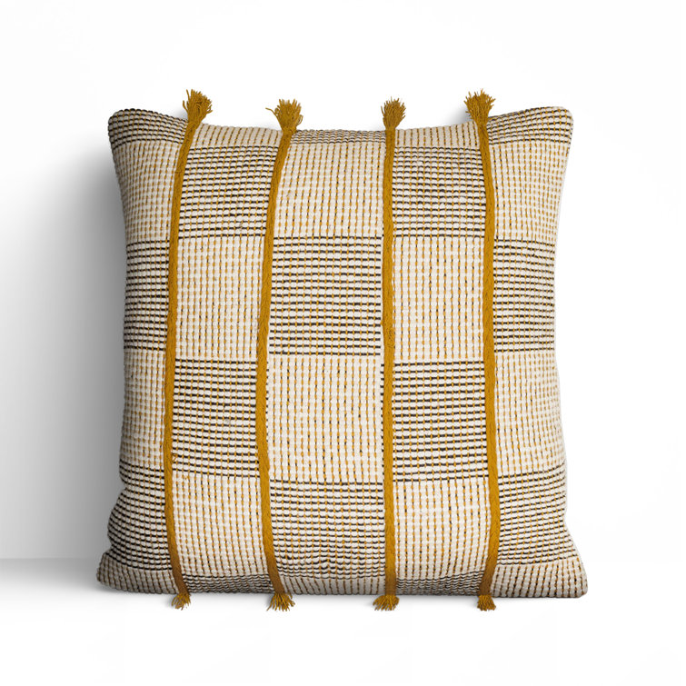 18'' Beige and Black Embroidered Cotton Throw Pillow