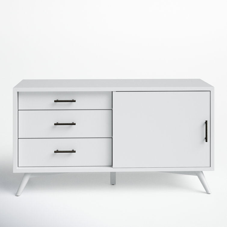 White Modern Media Console with Cabinet and Drawers