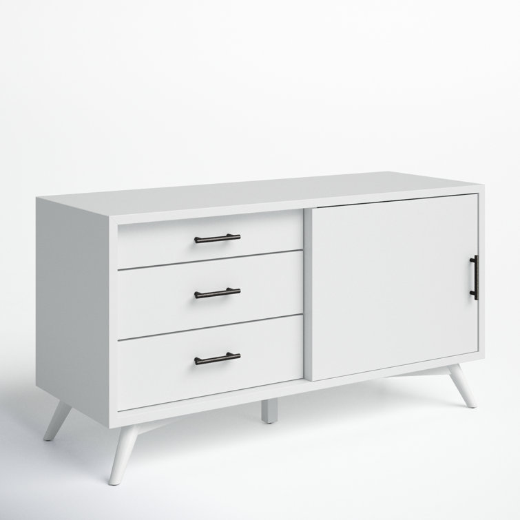 White Modern Media Console with Cabinet and Drawers