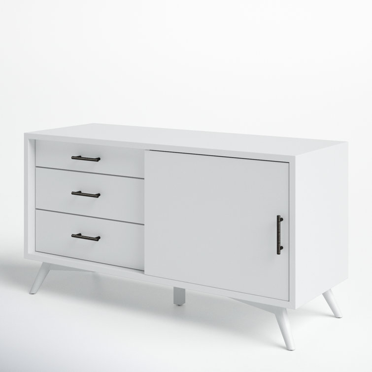 White Modern Media Console with Cabinet and Drawers