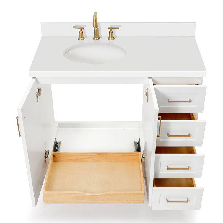 White Wood Freestanding Single Sink Bathroom Vanity with Quartz Top