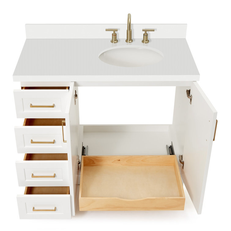White Wood Freestanding Single Bathroom Vanity with Quartz Top