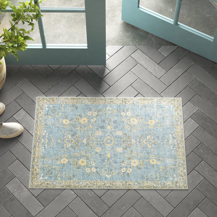 Blue Rectangular Oriental Synthetic Easy Care Rug