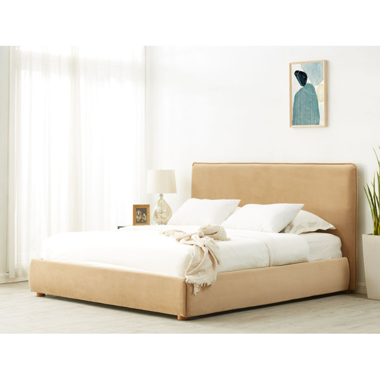 Queen Light Brown Velvet Upholstered Bed with Headboard