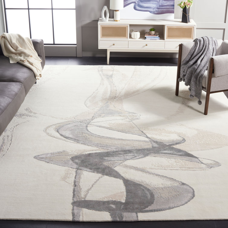 Ivory and Gray Hand-knotted Wool and Silk Abstract Rug, 8' x 10'
