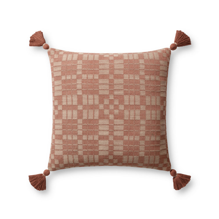 Clay Geometric Cotton Square Pillow with Tassels, 18" x 18"