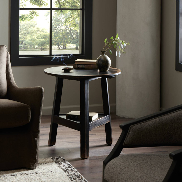 Distressed Black Oak Round Side Table with Shelf