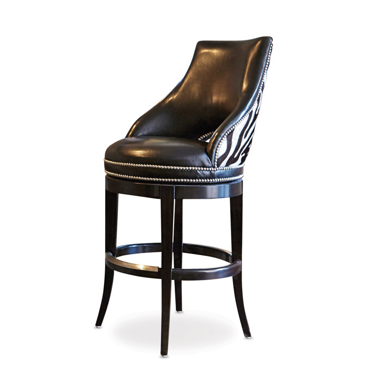 Black Leather and Zebra Print Swivel Bar Stool with Pine Frame