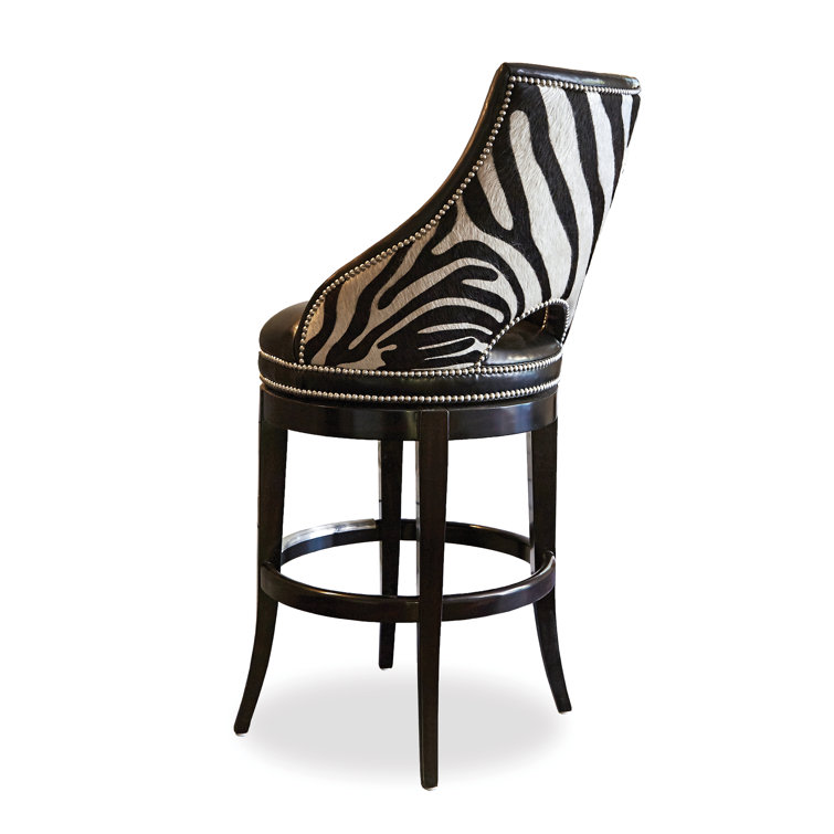 Black Leather and Zebra Print Swivel Bar Stool with Pine Frame