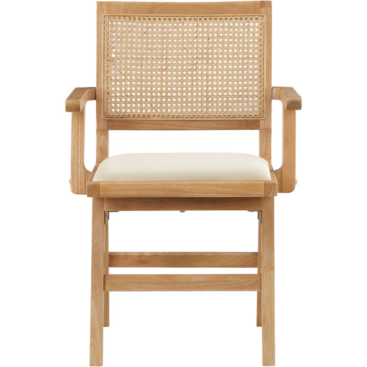 Cream Faux Leather Upholstered Arm Chair with Natural Cane Back