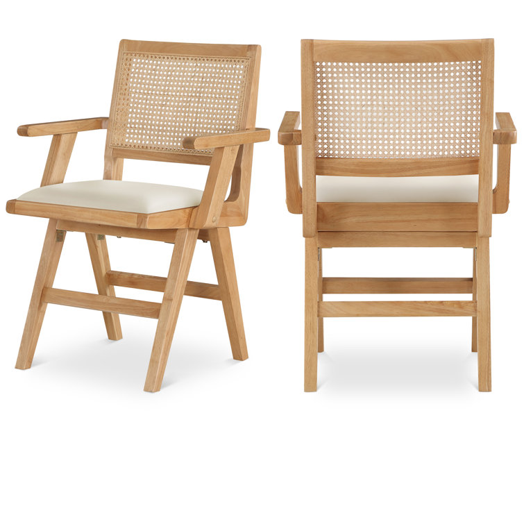 Cream Faux Leather Upholstered Arm Chair with Natural Cane Back