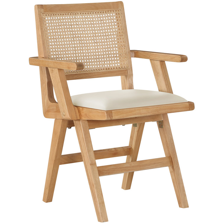 Cream Faux Leather Upholstered Arm Chair with Natural Cane Back