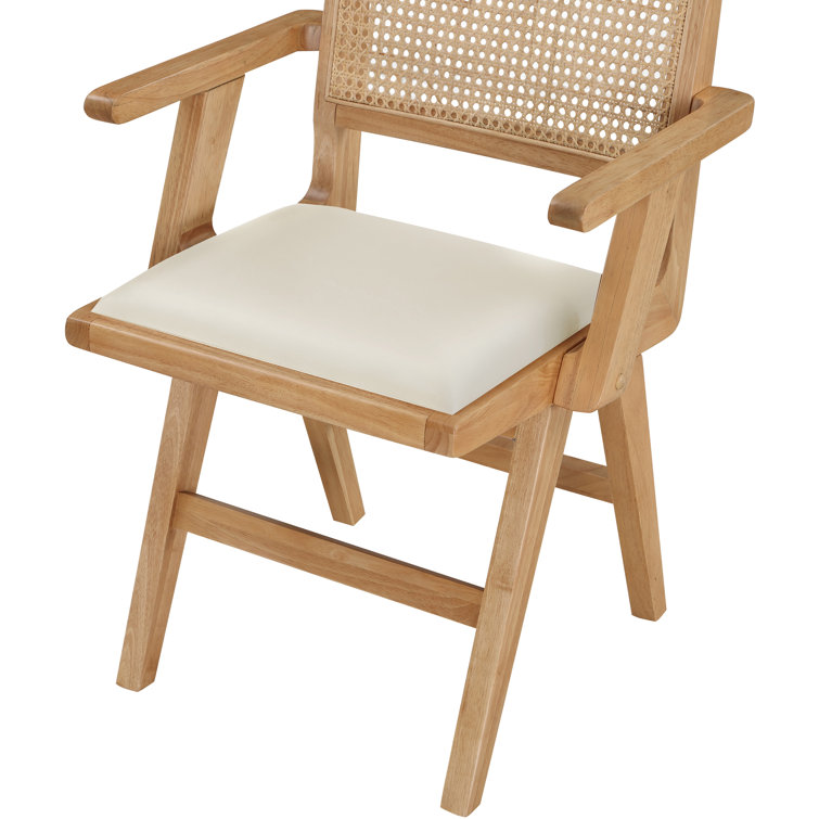 Cream Faux Leather Upholstered Arm Chair with Natural Cane Back