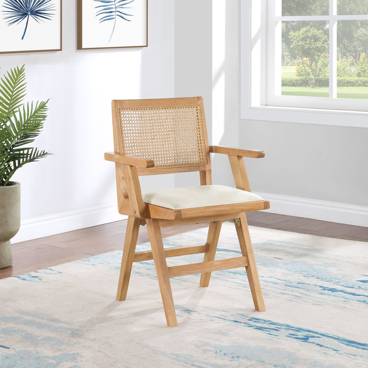 Cream Faux Leather Upholstered Arm Chair with Natural Cane Back