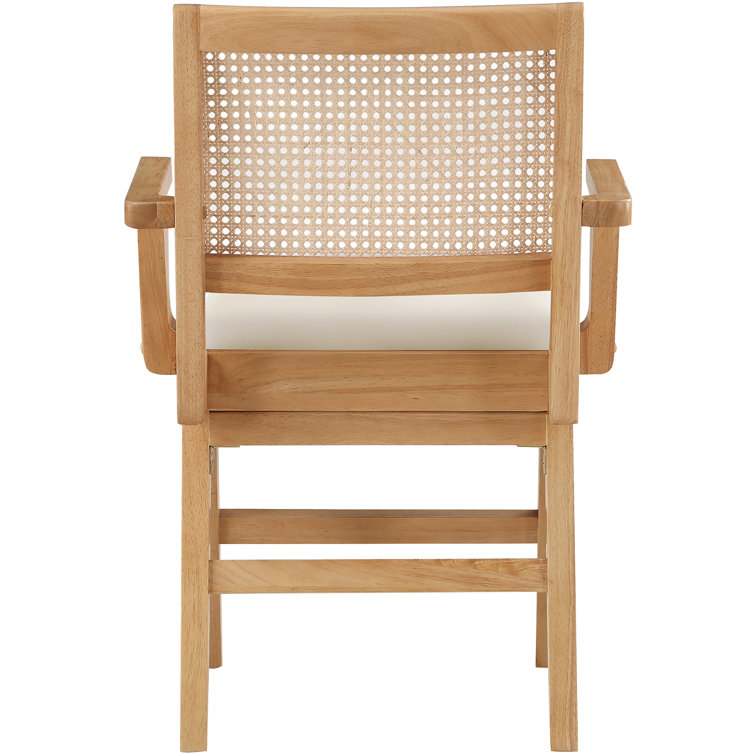 Cream Faux Leather Upholstered Arm Chair with Natural Cane Back