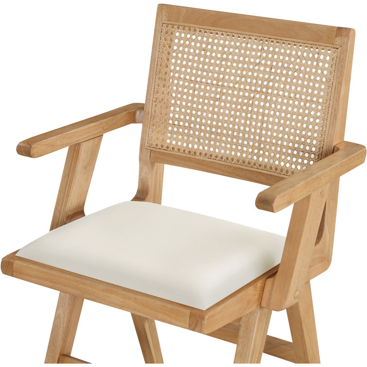 Cream Faux Leather Upholstered Arm Chair with Natural Cane Back